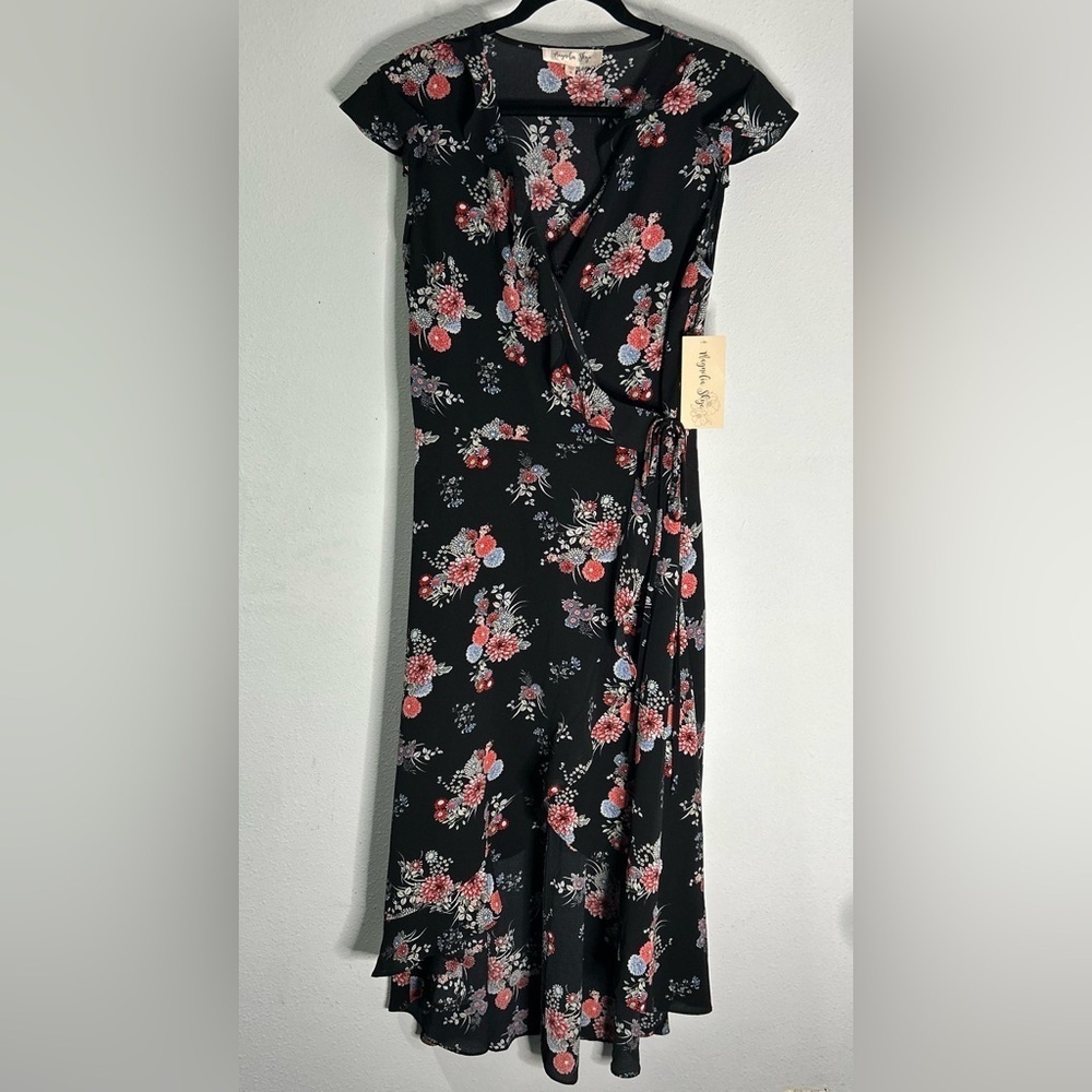 Magnolia Skye Black Floral Midi Wrap Dress Size XL